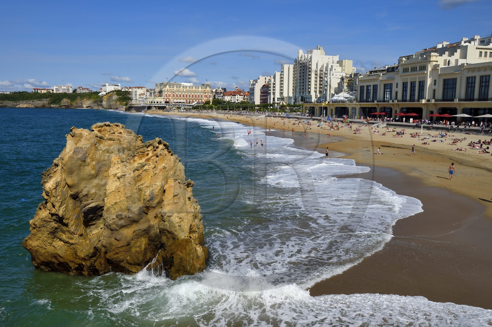 France, Pyrenees Atlantiques, Basque Country, Biarritz, the Grande Plage (town's largest beach), the casino and the Hotel du Palais in the background