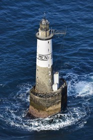 France, Finistere, Iroise Sea, Parc Naturel Regional d'Armorique (Natural Regional Park of Armorique), Ile de Sein, Chaussee de Sein, Ar-Men lighthouse (aerial view)