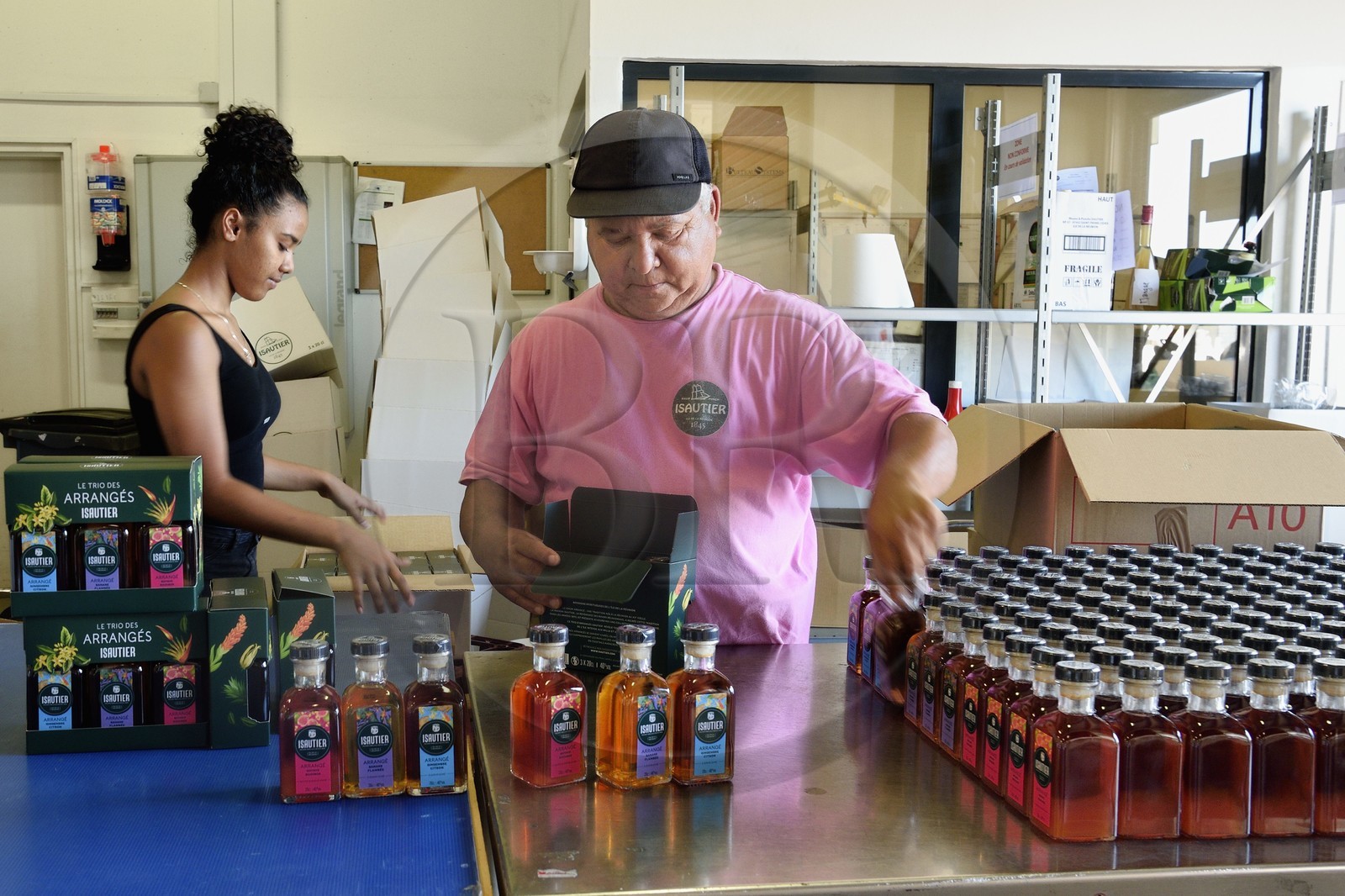 France, Ile de la Reunion, Saint Pierre, domaine de la distillerie Isautier, conditionnement des petites bouteilles de 20cl de rhum arrangé