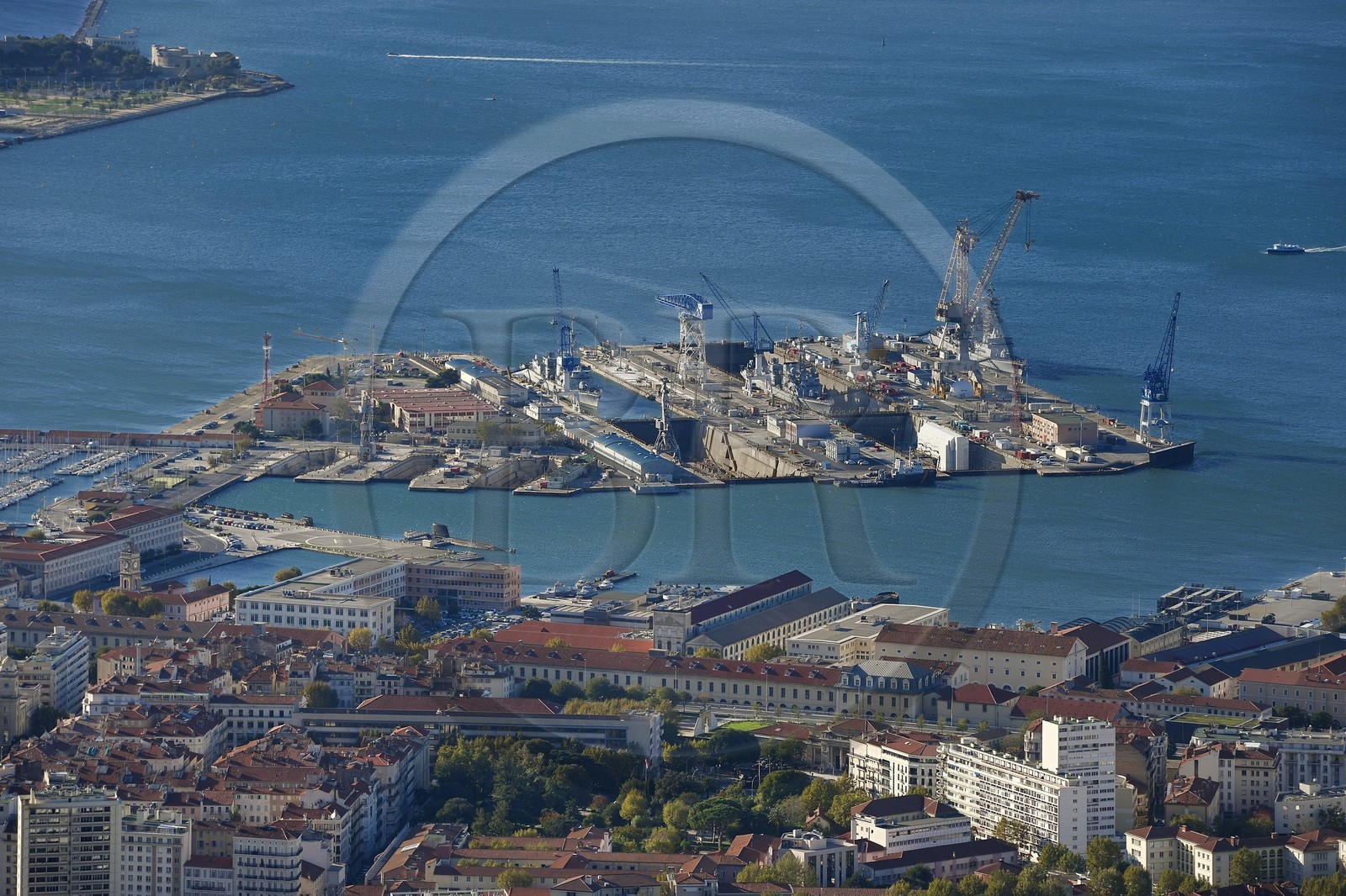 France, Var, Toulon, the Rade (Roadstead), the naval base (Arsenal) seen from Mont Faron, The four dry docks and the Vauban dock