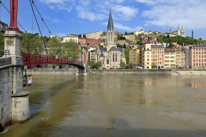 France, Rhone, Lyon, historical site listed as World Heritage by UNESCO, Vieux Lyon (Old Town), Saint George district, Paul Couturier footbridge also called Saint Georges and the Saint Georges church