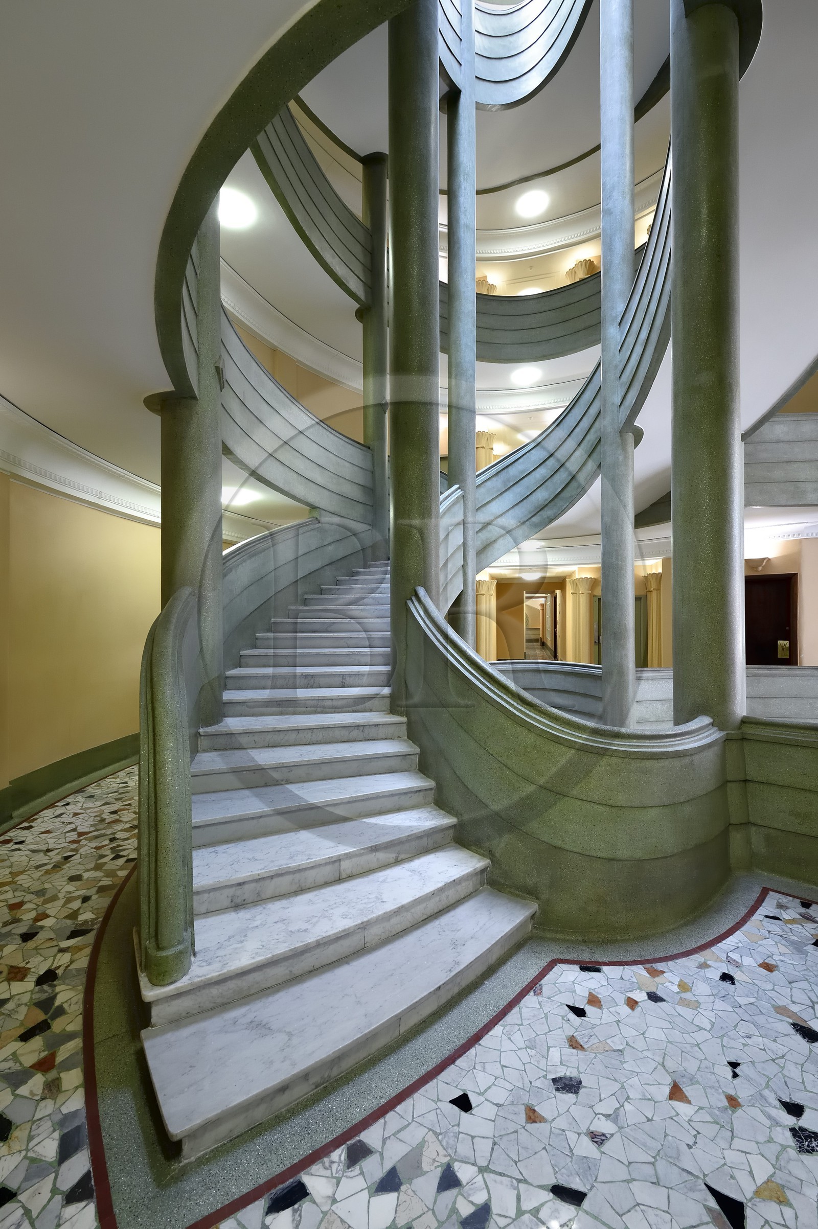France, Alpes-Maritimes, Nice, Baumettes district, the Gloria Mansions Art deco building, monumental central staircase with elliptical cage