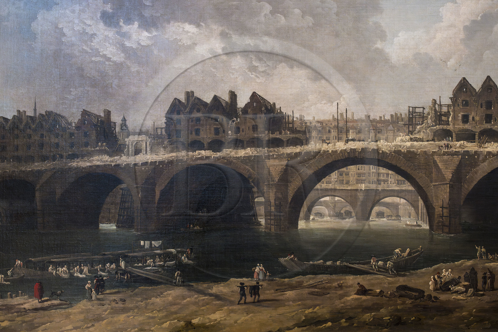 France, Paris, Marais district, Carnavalet Museum, painting representing the demolition of the houses of the Pont Notre-Dame in Paris during the reign of Louis XVI by the painter Hubert Robert (1786)