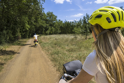 France, Maine-et-Loire (49), vallée de la Loire classée au Patrimoine Mondial par l'UNESCO, Dampierre à l'Est de Saumur, randonnée à bicyclette le long des berges de la Loire sur la piste cyclable La Loire à Vélo, vélo avec une remorque transportant le matériel de camping