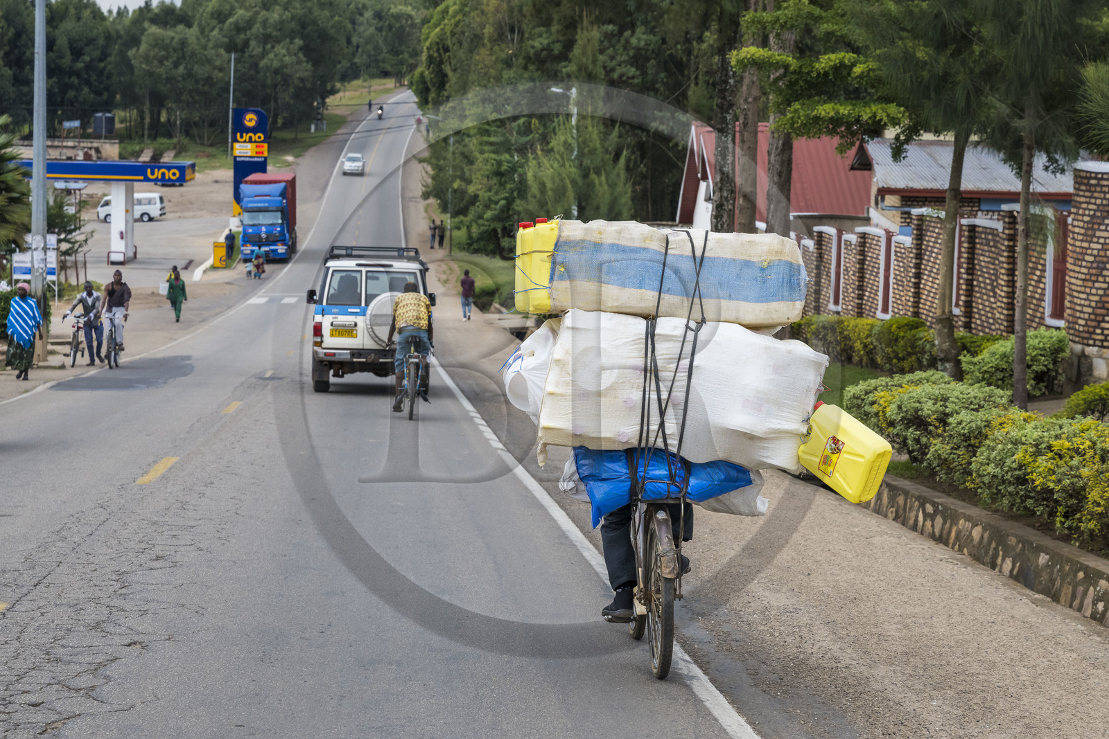 Rwanda, Province du Sud, Muhanga, transport de récipients sur une bicyclette sur la route de Kigali, les bicyclettes sont le principal moyen de transport local