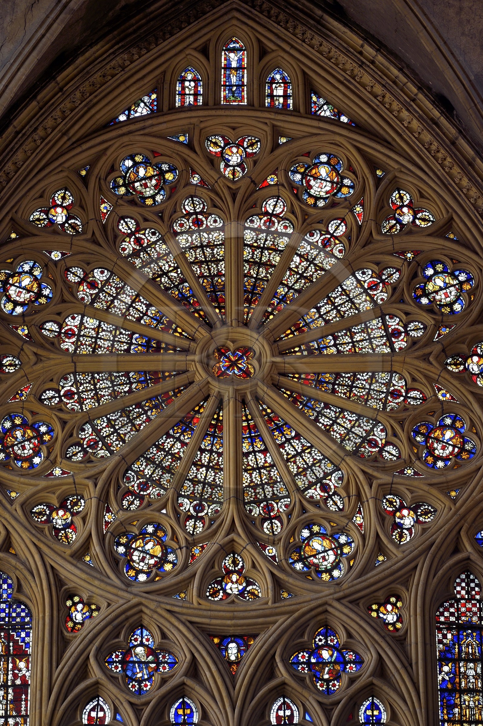 France, Moselle, Metz, Saint Etienne cathedral, western facade, 14th century stained glass windows from Hermann of Münster and the large rosette