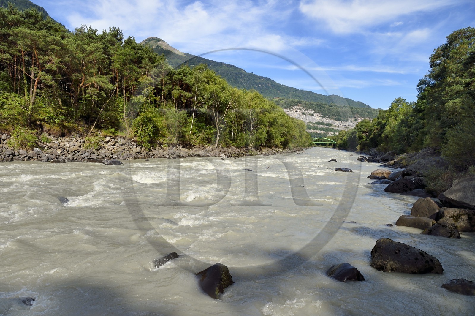 Switzerland, Canton of Vaud, Lavey-Morcles, the Rhone river still tumultuous a few kilometers upstream from Lake Geneva