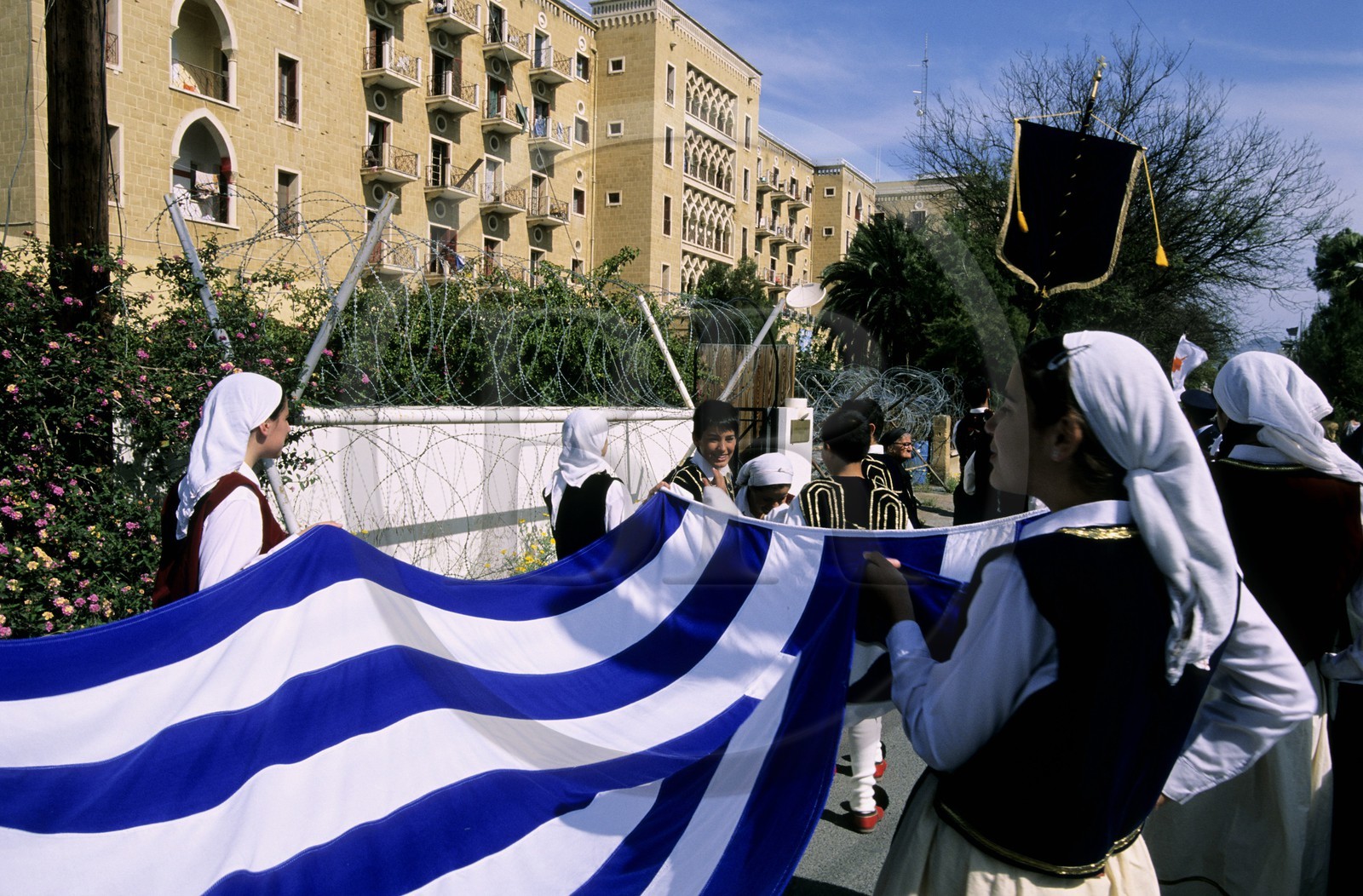 Cyprus, Nicosia, riot against the occupied Cyprus at the only check point of the green line in front of Ledra Palace hotel (UN)