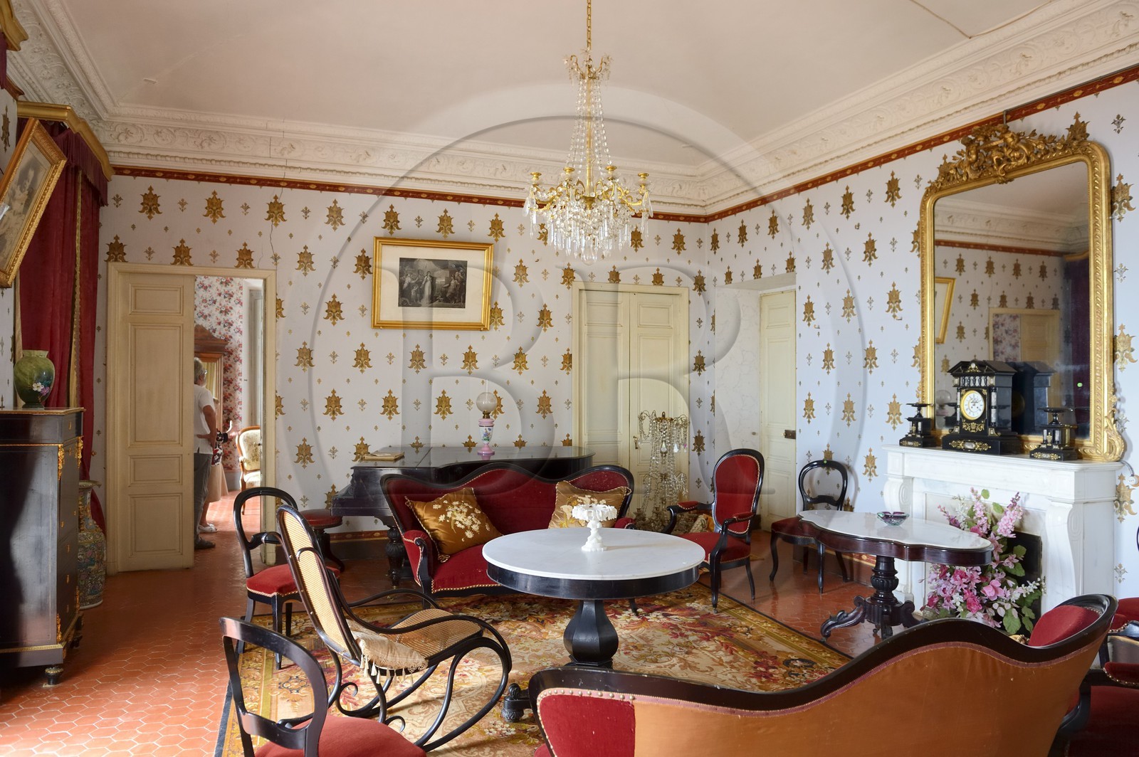 France, Haute-Corse (2B), Cap Corse, Rogliano, le palazzu Nicrosi (Palazzi ou Maison d'Americain), Pierre Nicrosi prospéra avec ses trois frères dans le commerce, l’immobilier et le coton en Alabama, le grand salon est encore tapissé du papier peint à motifs floraux à la feuille d’or posé voilà 135 ans