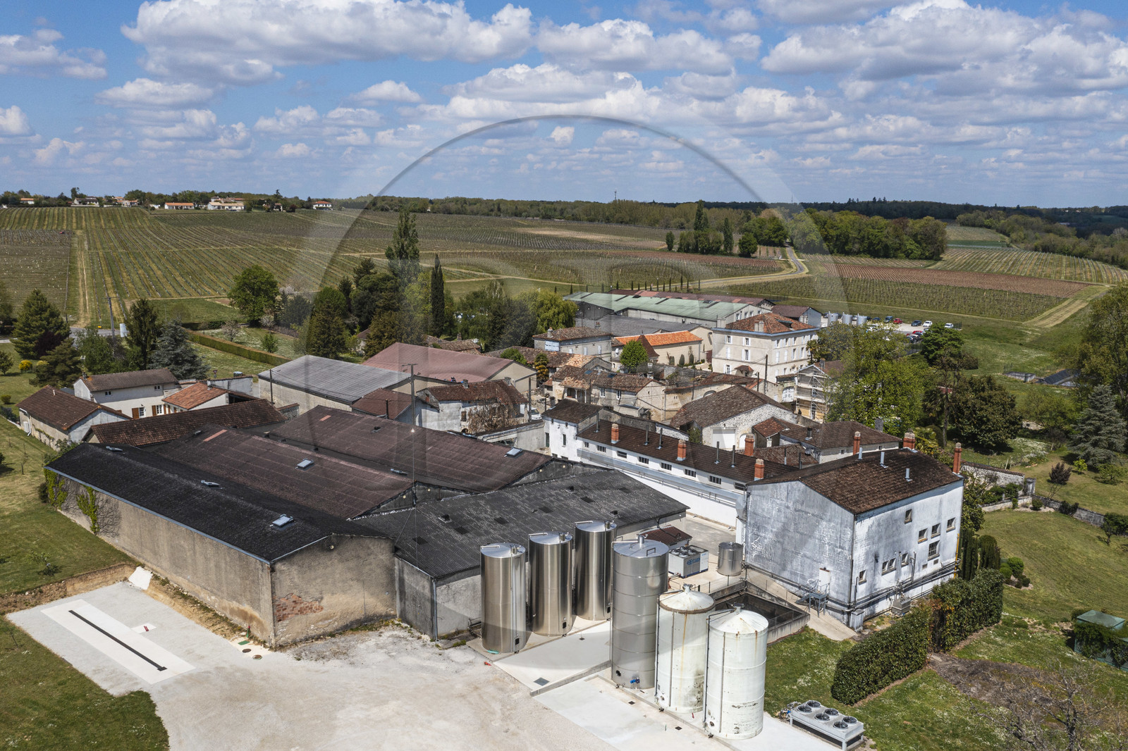 France, Charente, Sireuil, the Moisans Distillery, a family house which produces and keeps Cognac in its cellars (aerial view)