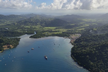 Panama, Colon Province, Portobelo, listed as World Heritage by UNESCO and the bay (aerial view)