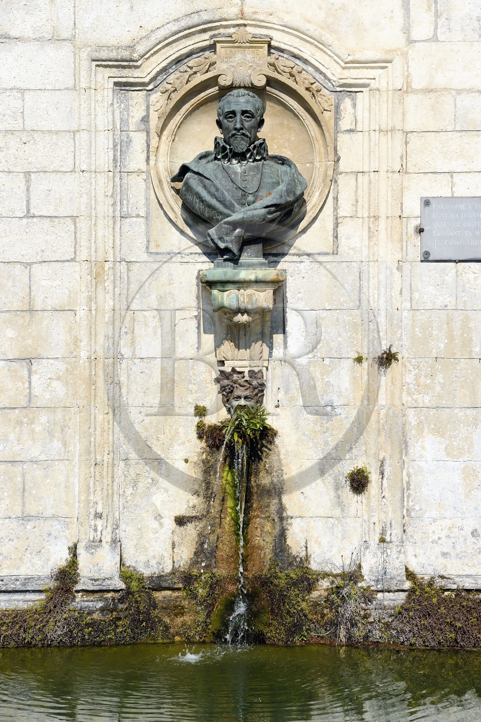 France, Dordogne, Brantome,  Pierre de Bourdeille (known as Brantome) bust on the Medici Fountain