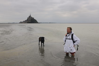 France, Manche (50), découverte de la Baie du Mont-Saint-Michel à pied, le guide Romain Pilon entrain de s'ensabler