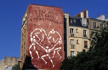 France, Paris, Jerome Mesnager's fresco on the wall of a building in Menilmontant Street