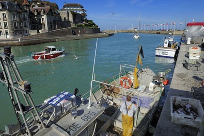 France, Seine-Maritime (76), Saint-Valery-en-Caux, l'entrée du port de pêche, débarquement de la pêche du jour