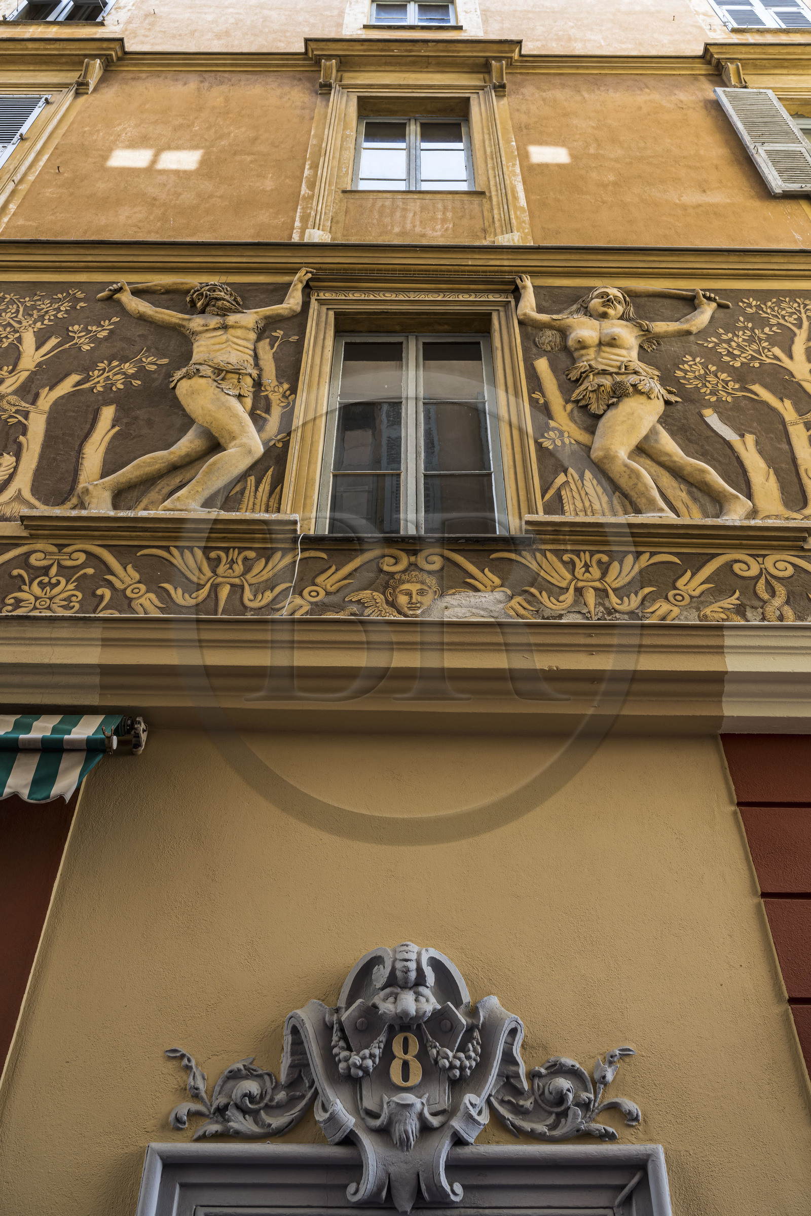 France, Alpes-Maritimes, Nice, listed as World Heritage by UNESCO, Old Nice, rue de la Poissonnerie, fresco in high relief (1584) representing Adam and Eve in the Garden of Eden and its sgraffito decoration