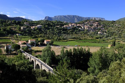 France, Herault, Orb river valley, village of Vieussan in the distance and AOC Saint-Chinian & Roquebrun