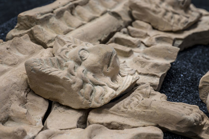 France, Bouches-du-Rhône (13), Arles, musée départemental Arles antique, salle d’étude du service archéologie, recherches des fouilles du site de l'ancienne verrerie de Trinquetaille sur la rive droite du Rhone, maison de la harpiste (entre 70 et 50 av. J.-C.), figure de chien protecteur en tuile et gargouilles de la toiture de l'atrium