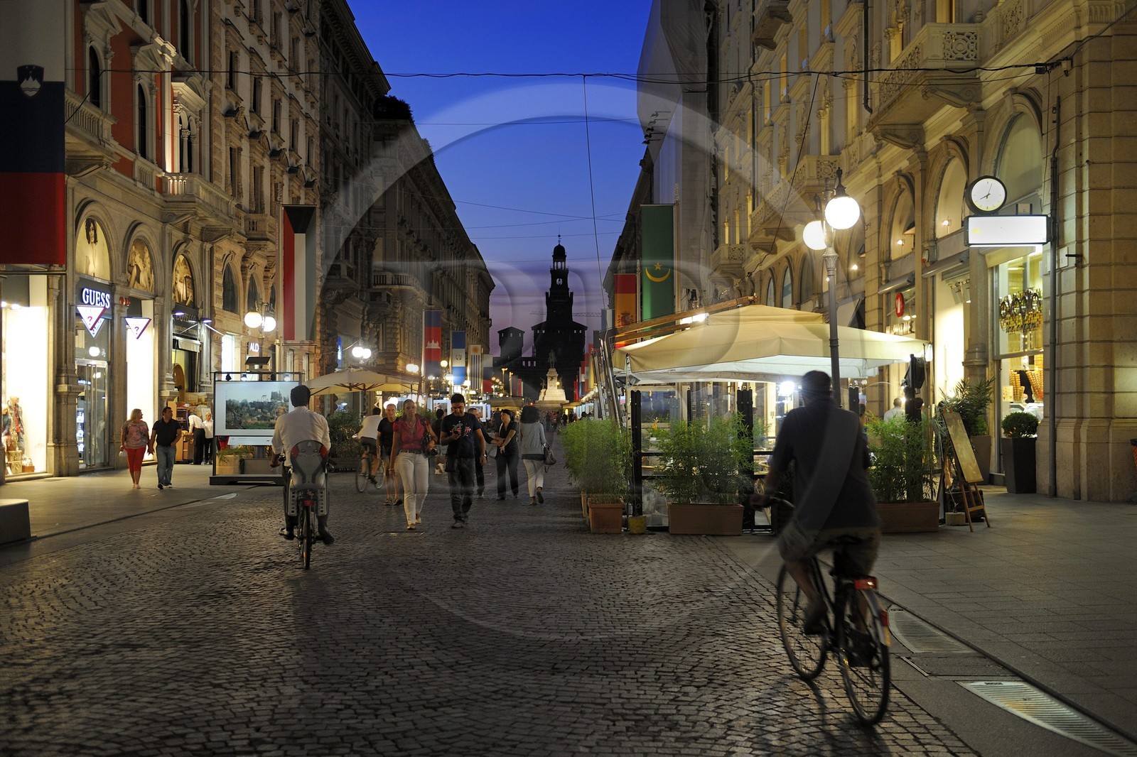 Italy, Lombardy, Milan, the Via Dante leading to Castello Sforzesco (Sforza Castle)