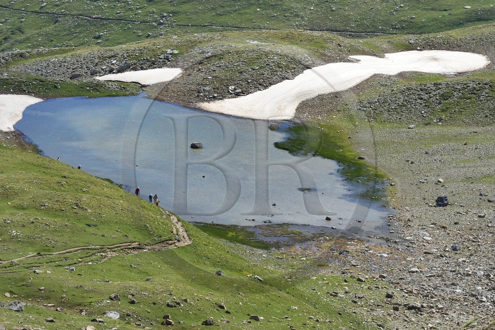 France, Alpes-de-Haute-Provence (04), Uvernet-Fours, parc national du Mercantour, vallée de l'Ubaye, col de la Cayolle (2326 m), sentier de randonnée qui grimpe à travers la pelouse alpine sur le circuit des lacs