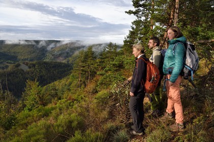 France, Ardèche (07), parc naturel régional des Monts d'Ardèche, massif du Mézenc, forêt de Lac-d'Issarlès, randonneurs au sommet de Montchamp dominant la vallée de la Loire