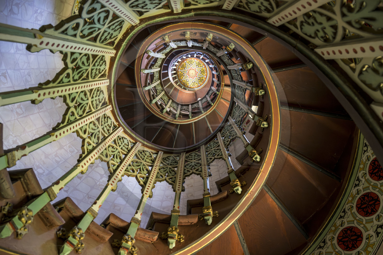 France, Pyrenees Atlantiques, Basque Country coast, Hendaye, Abbadia castle built in 1870 by Eugène Viollet-le-Duc for Antoine d'Abbadie d'Arrast, spiral staircase of the south turret