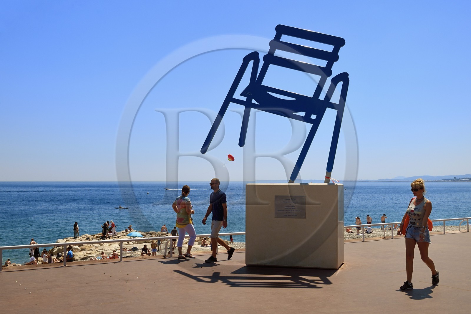 France, Alpes-Maritimes, Nice, la chaise bleue de Sab (the Sab blue chair) by the Nice artist Sabine Géraudie on the Promenade des Anglais