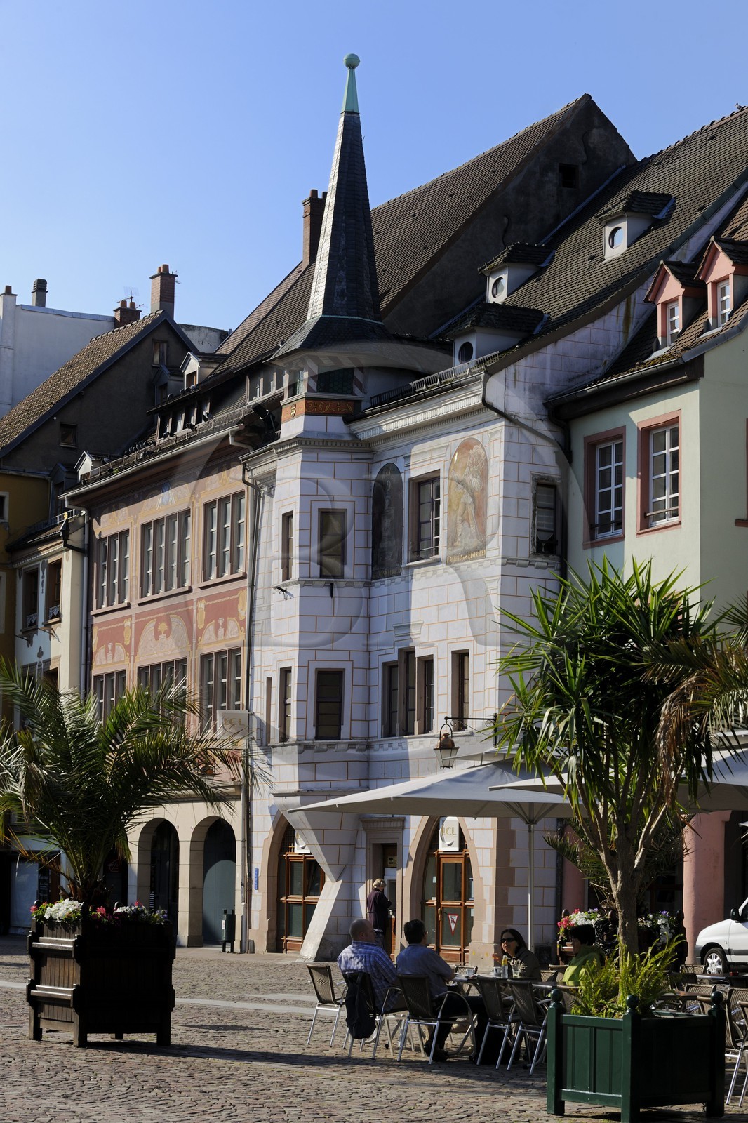 France, Haut Rhin, Mulhouse, place de la Reunion (Reunion's Square), Cafe terrace in front of the former house of the Mieg family
