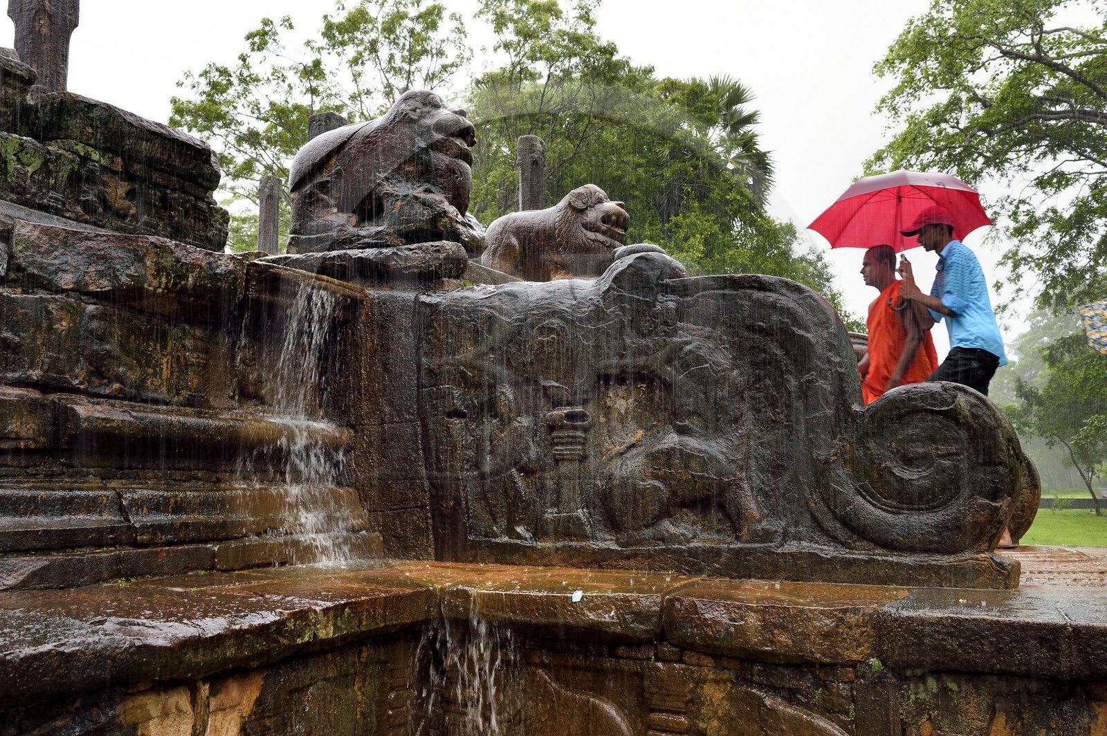 Sri Lanka, North Central province, Polonnaruwa, the former capital of the country (11th to 13th century) listed as World Heritage by UNESCO, Council Chamber (Raja Sabahawa) dating from the 12th century, lions standing up the stairs