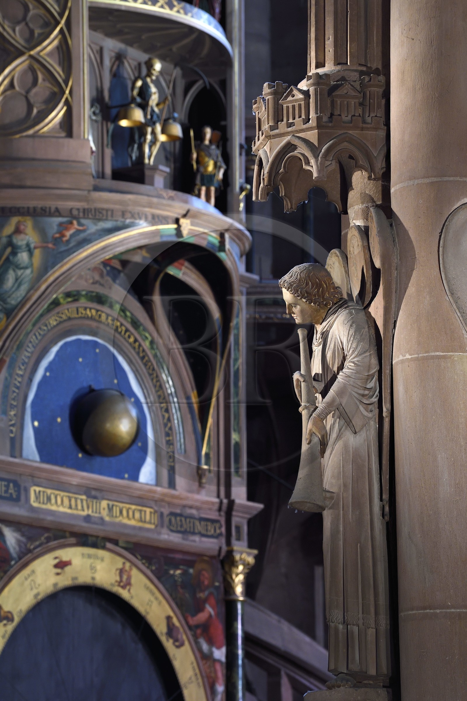 France, Bas Rhin, Strasbourg, old town listed as World Heritage by UNESCO, Notre Dame Cathedral, south transept, the pillar of Angels built around 1230 and the astronomical clock