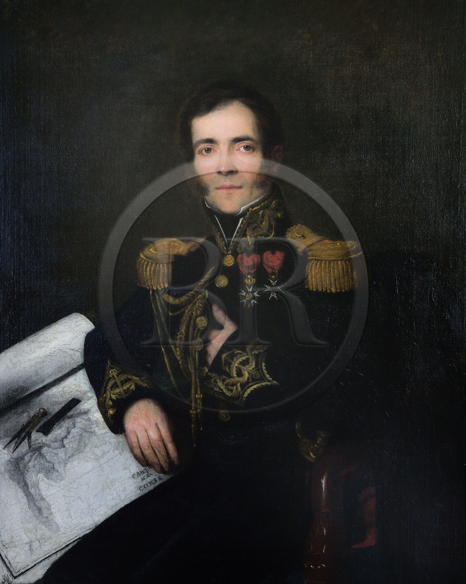 France, Ile de la Reunion, Saint-Gilles-les-Hauts, Musée de Villèle dans le domaine Panon-Desbassyns, ancienne propriété coloniale au cœur d'une grande plantation de canne à sucre qui faisait travailler un peu plus de 400 esclaves, portrait du Contre-Amiral Anne Chrétien Louis de Hell qui fut gouverneur de l'Ile Bourbon de 1838 à 1841