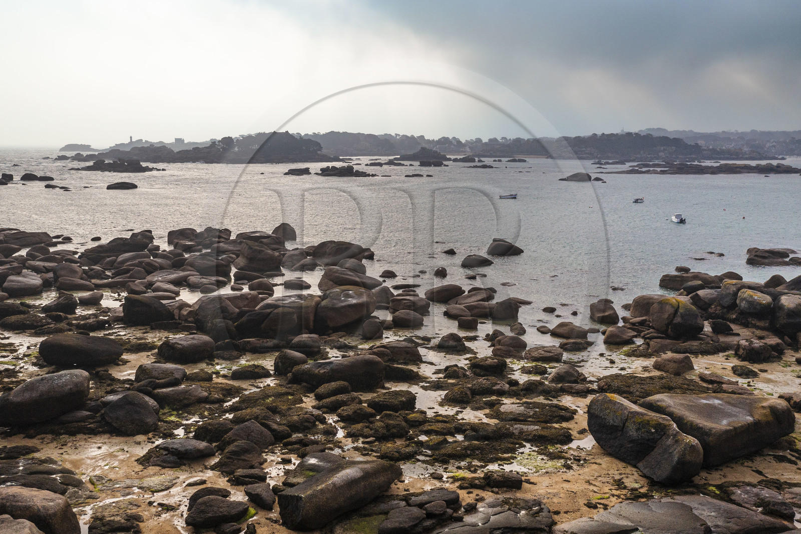 France, Côtes-d'Armor (22), Côte de Granit Rose, Trégastel, Ile Renote, la plage à marée basse et Ploumanac'h en arrière plan (vue aérienne)