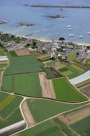 France, Finistere, Batz Island, Porz Kernok, the church and the cemetery (aerial view)