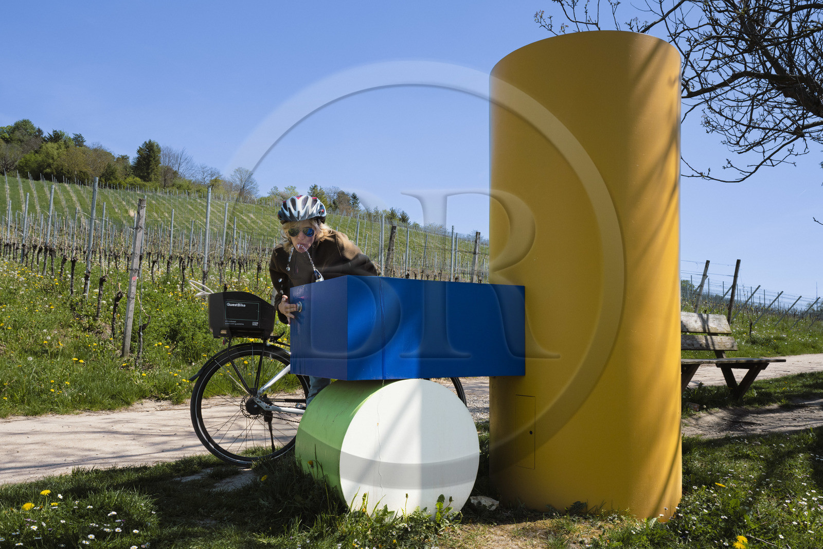 Allemagne, Bade-Wurtemberg, Weil am Rhein près de Bâle, le Rehberger-Weg de l'artiste Tobias Rehberger long de cinq kilomètres environ relie deux pays, deux communes et deux musées entre la Fondation Beyeler et le Vitra Campus, la fontaine