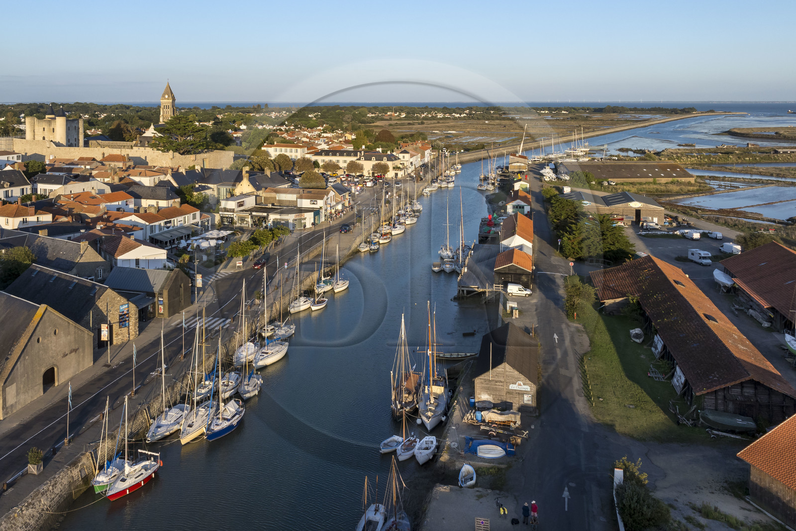 France, Vendée (85), Ile de Noirmoutier, Noirmoutier-en-l'Ile, port d'échouage dans l'Etier du Moulin, le château médiéval et l'église Saint-Philbert en arrière plan (vue aérienne)