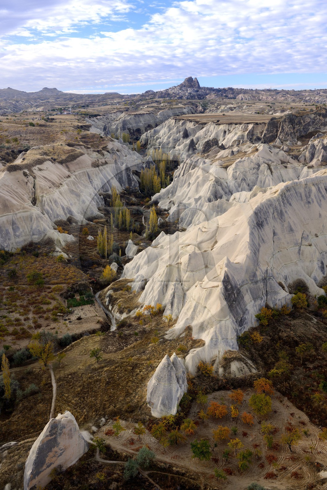 Turquie, Anatolie Centrale, province de Nevsehir, Cappadoce classée Patrimoine Mondial de l'UNESCO, vallée de l'Amour, paysage d'érosion et cheminées de fées avec Uchisar en arrière-plan (vue aérienne)