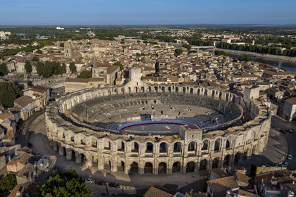 France, Bouches du Rhone, Arles, the Arena, a Roman amphitheater built around 80-90 AD, listed as World heritage by UNESCO, in the heart of the old town (aerial view)