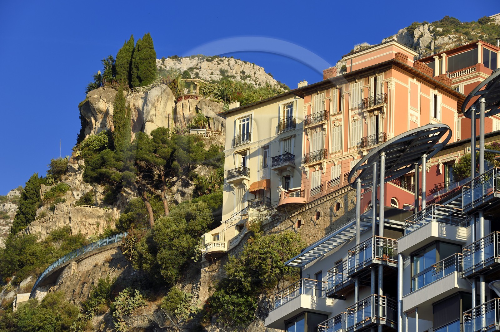 Principauté de Monaco, Monaco, quartier de La Condamine et le Jardin Exotique regroupant plusieurs milliers d'espèces de plantes succulentes