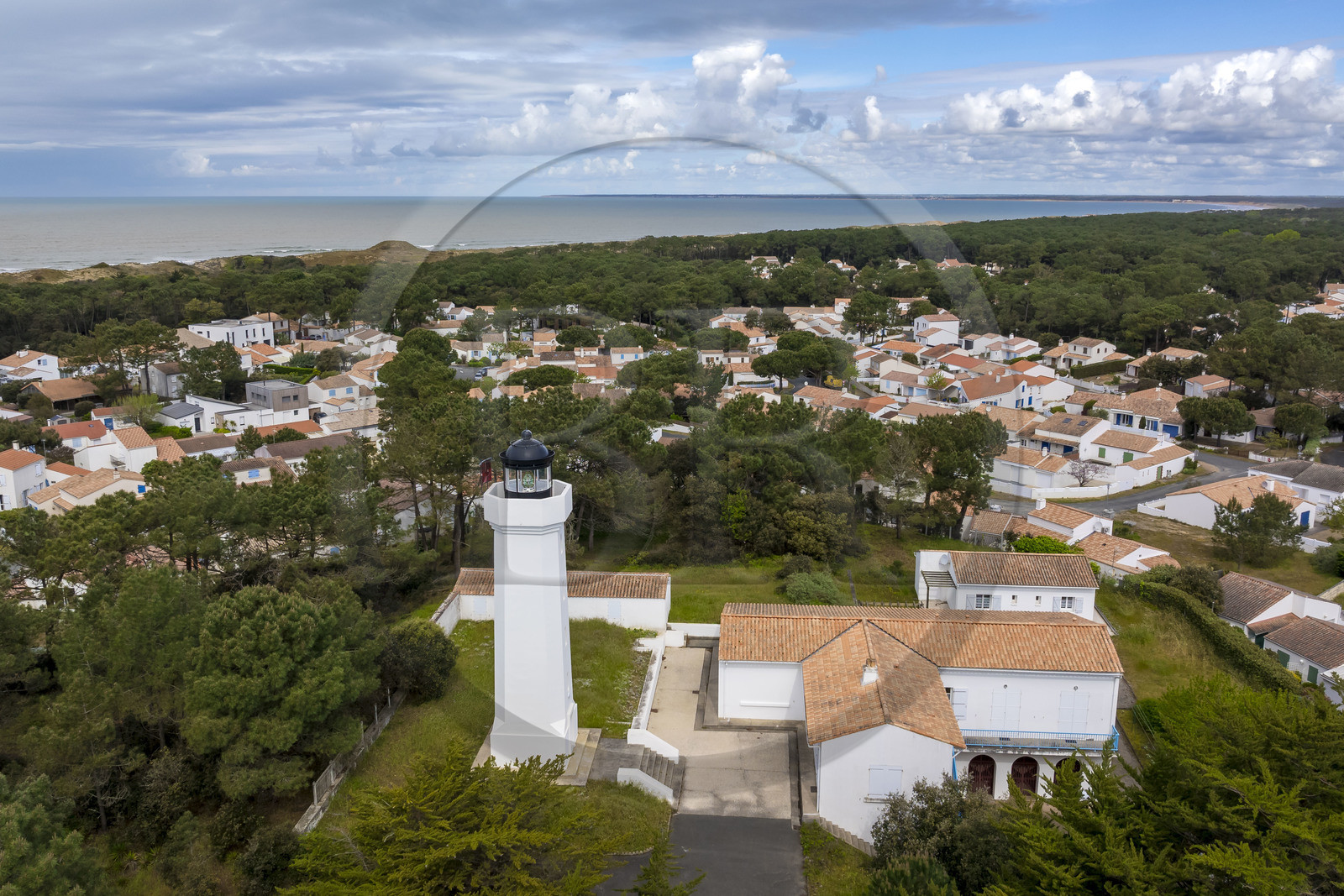 France, Vendee, La Tranche-sur-Mer, the Grouin lighthouse at Pointe du Grouin du Cou (aerial view)