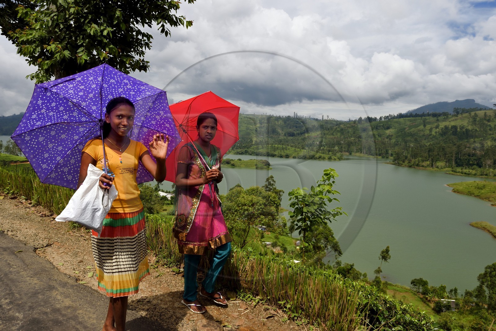 Sri Lanka, province du centre, Dalhousie, jeunes femmes marchant sur une route bordant le réservoir Castlereigh