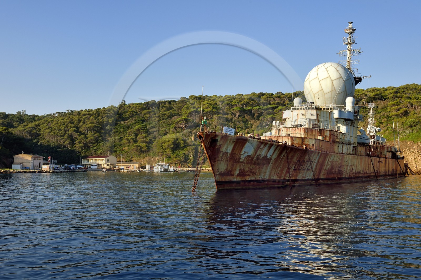 France, Var, Iles d'Hyeres, Parc national de Port Cros (National park of Port Cros), Le Levant island, military zone, Port Avis protected by the former Suffren missile frigate that serves as a breakwater