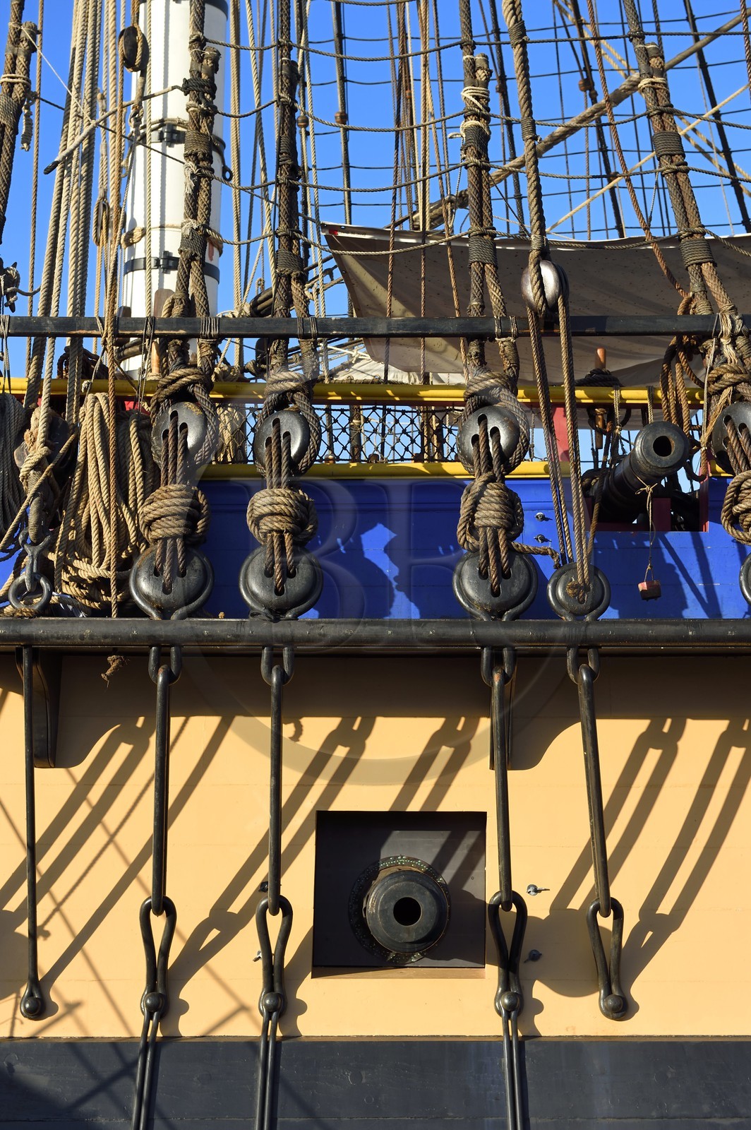 France, Finistere, Brest port, L'Hermione frigate, replica of the three masts which brought the marquis de Lafayette to America in 1780