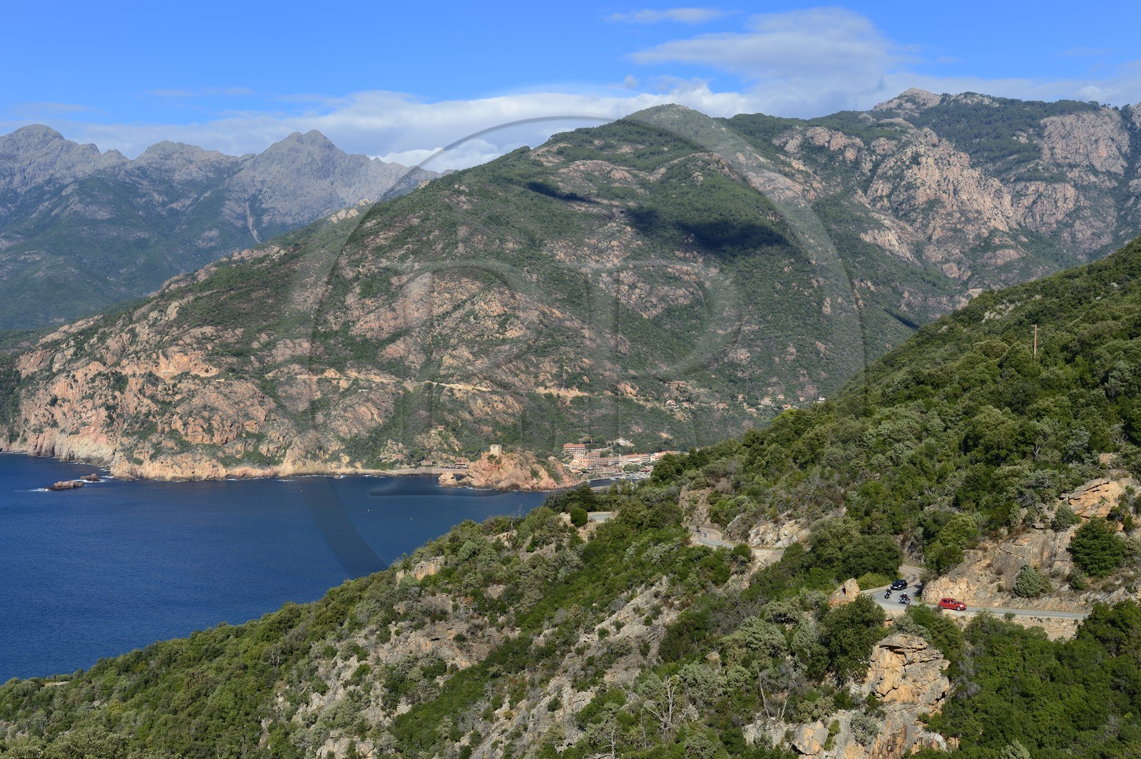 France, Corse-du-Sud (2A), Golfe de Porto, classé Patrimoine Mondial de l'UNESCO, la tour génoise au-dessus de la passe du port de la marine de Porto et la route D81 qui va à Cargèse