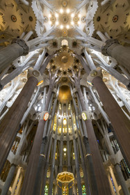Spain, Catalonia, Barcelona, Eixample district, Sagrada Familia basilica by Catalan modernist architect Antoni Gaudi, listed as a UNESCO World Heritage Site, the choir, the ciborium, the dome and the vault of the Nave at the top