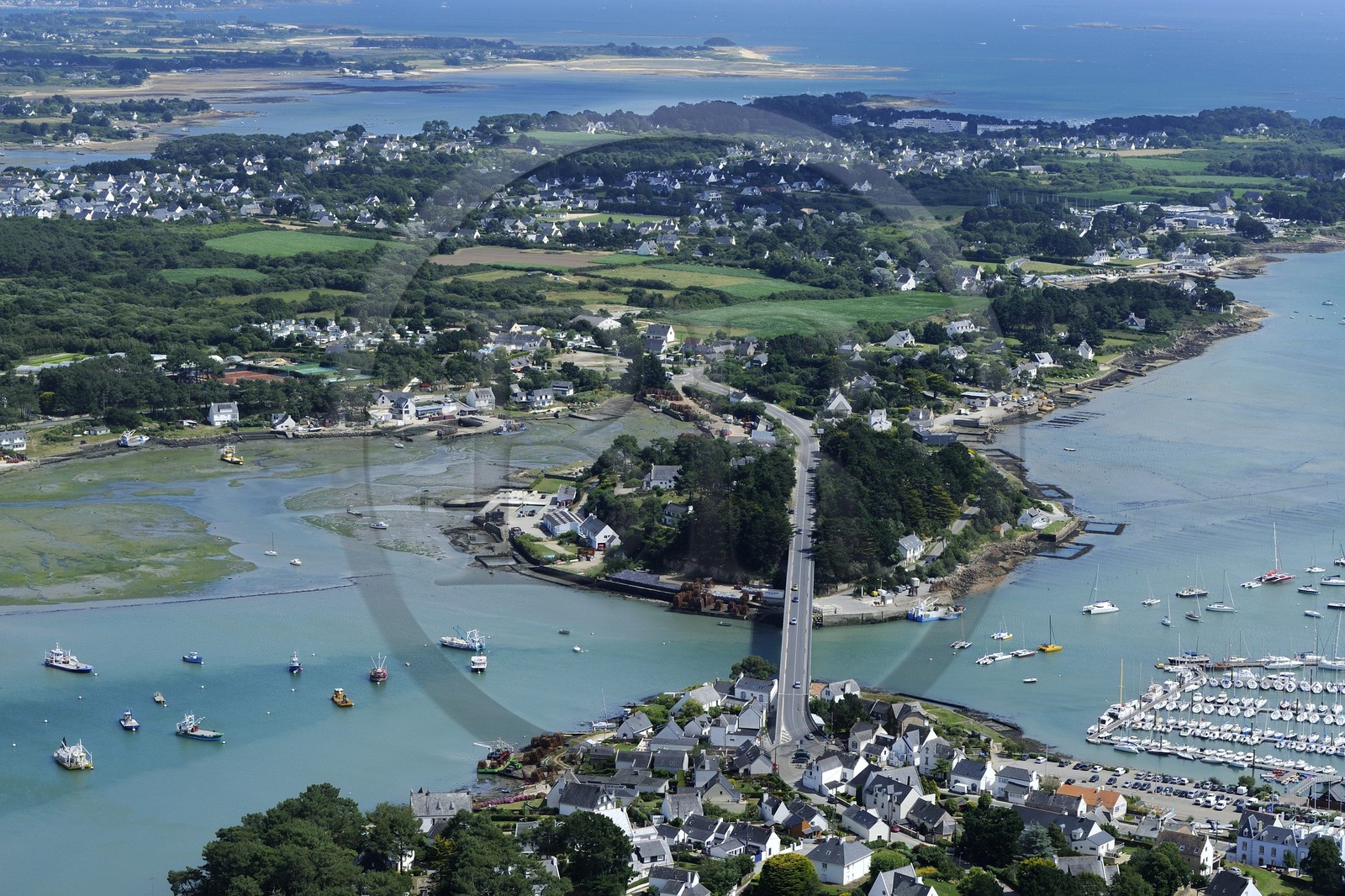 France, Morbihan,  La Trinite sur Mer, the port and the Crach river (aerial view)