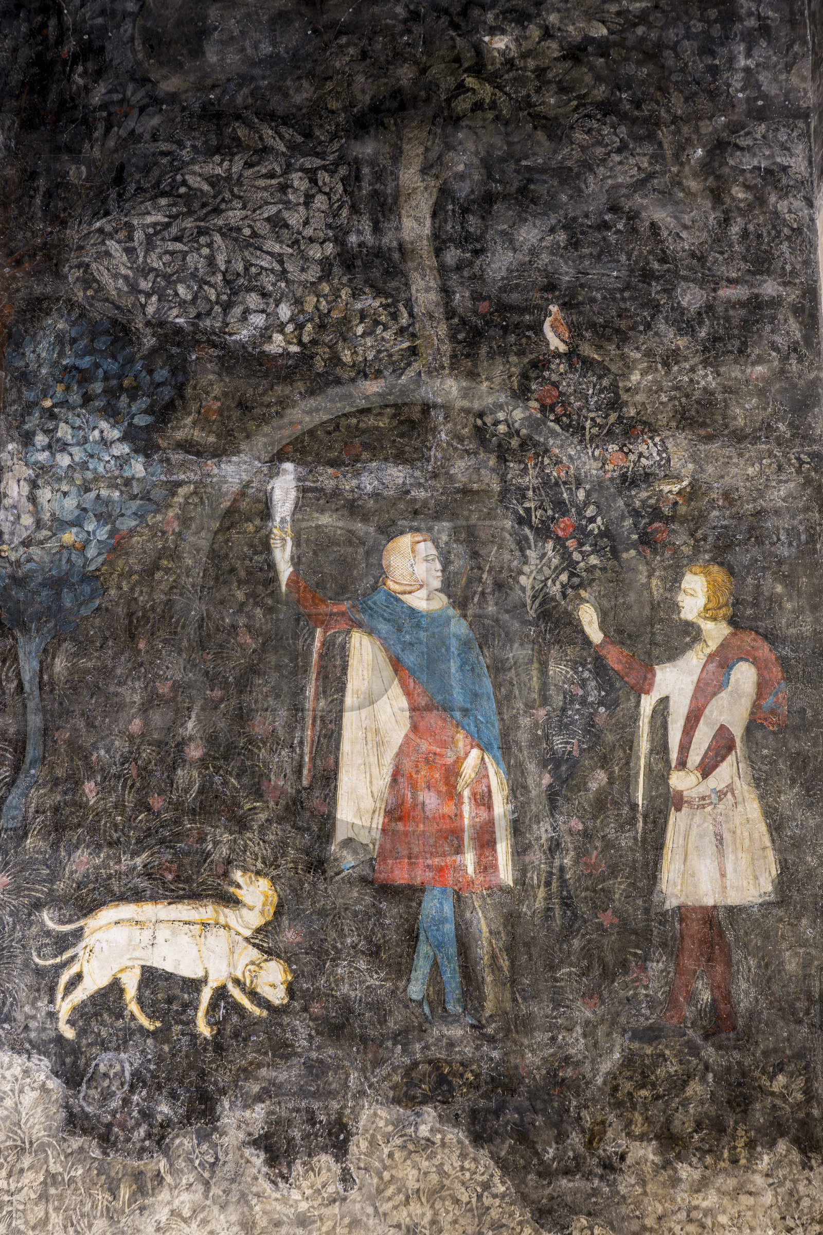 France, Vaucluse, Avignon, Palais des Papes (Palace of the Popes) classified as UNESCO World Heritage, Wardrobe Tower, the Deer's Room, the studium or study of Clement VI, which evokes in an uninterrupted panorama the lordly pleasures including various hunting and fishing techniques, hunting with falcon