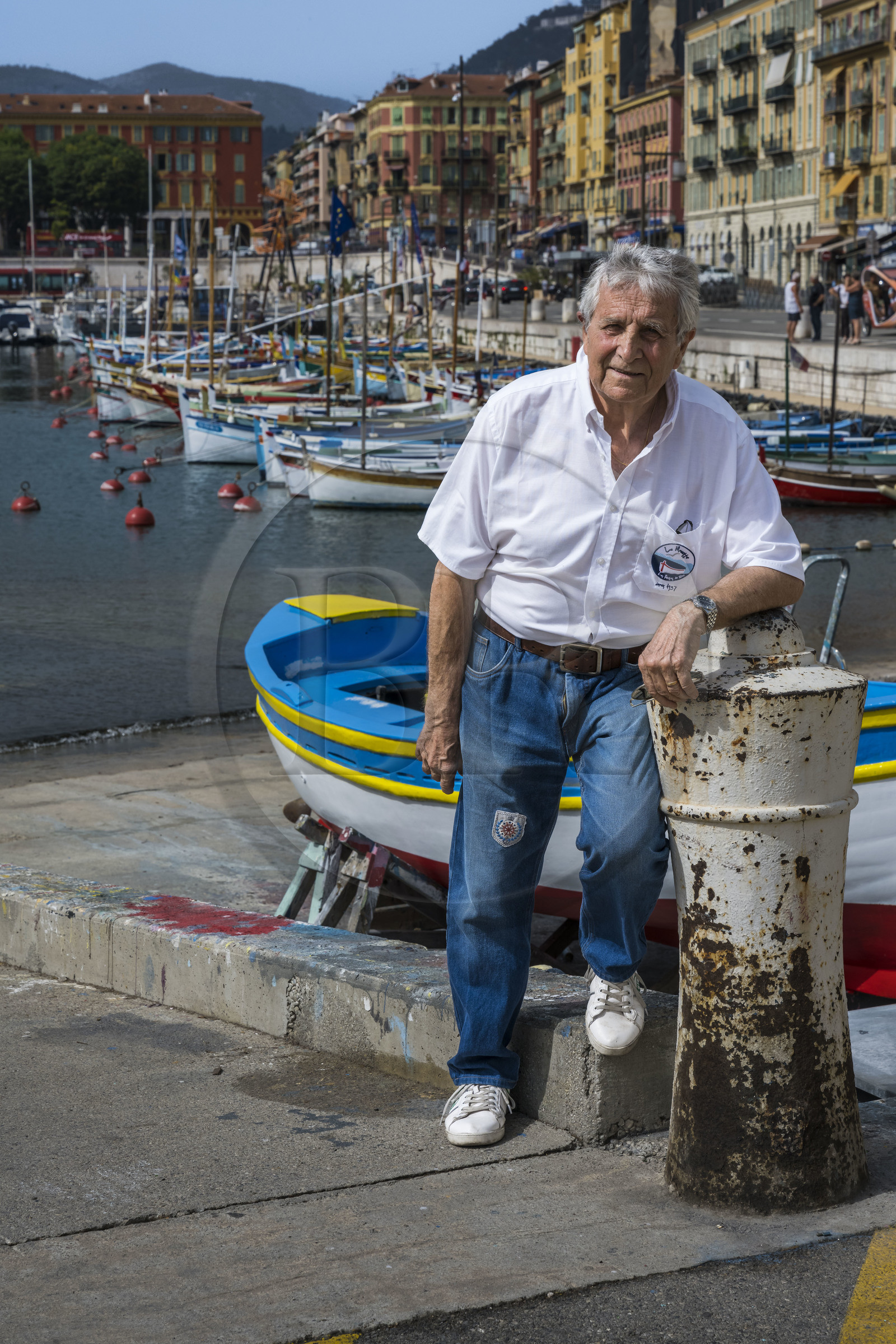 France, Alpes-Maritimes, Nice, listed as World Heritage by UNESCO, the old port or port Lympia, pointu boats which are traditional fishing boats, Jean Paul Jean from the association La Mouette