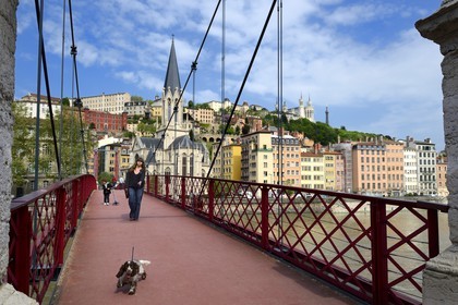 France, Rhone, Lyon, historical site listed as World Heritage by UNESCO, Vieux Lyon (Old Town), Saint George district, Paul Couturier footbridge also called Saint Georges and the Saint Georges church