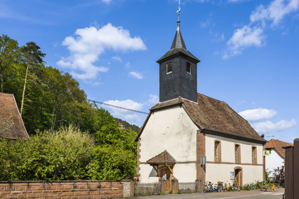 France, Bas Rhin, Northern Vosges Regional Natural Park, Obersteinbach, the protestant church of the village joined the Radwegekirche cross-border network