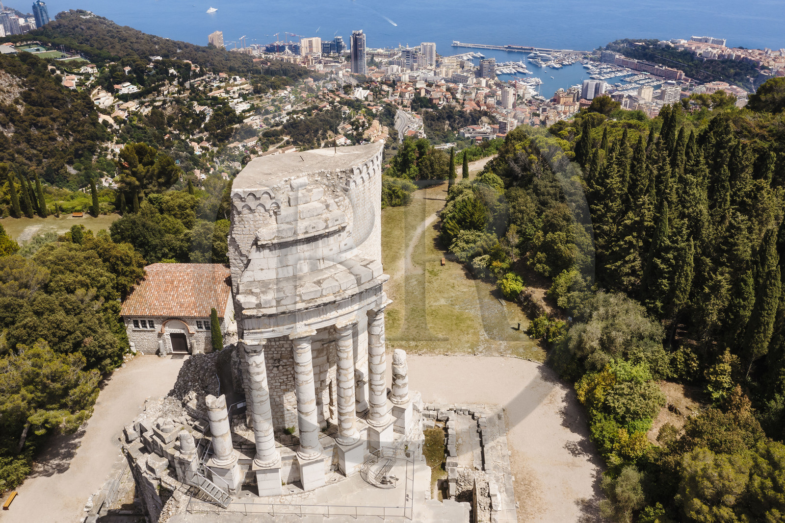France, Alpes-Maritimes, La Turbie, Trophée d'Auguste or Trophée des Alpes, Roman monument built in the year 6 BC., the Principality of Monaco in the background (aerial view)